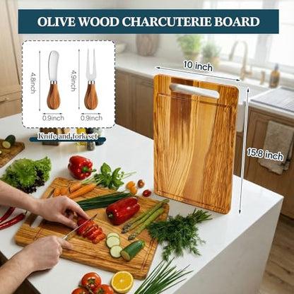 Olive Wood Charcuterie Board Rectangle Handle, Cheese Knife Fork | 15.8" X 10" Handcrafted with Embedded Handle, Natural Grain Groove, Wedding Housewarming Bridal Shower Gifts for Couples - color: Olive Wood, style: Rectangle with Embedded Handle