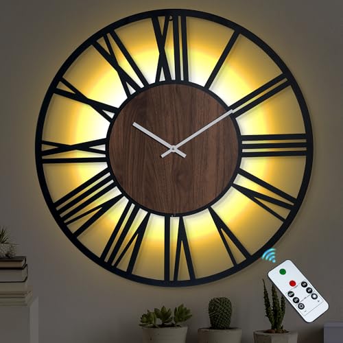 LEIKE 32'' Extra Large Wall Clocks Battery Operated - Led Lighted Vintage Wood Non Ticking Giant Wall Clock with Remote Timer for Living Room, Office, Bedroom, Farmhouse, Home Modern Decor - color: Brown-roman, size: 32 Inch