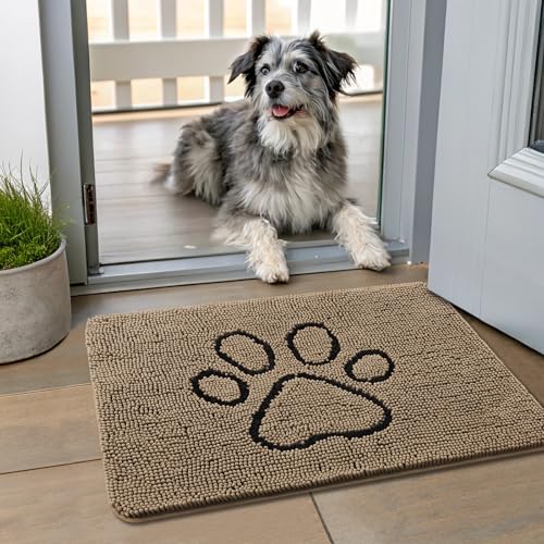Smiry Dog Door Mat for Muddy Paws, Absorbent Non Slip Dirt Trapper, 24x16 | Camel and Black, Quick Dry Washable Chenille Mat for Mud Dogs, Entry Rug for Indoor and Outdoor - color: Camel and Black, size: 24"X16"
