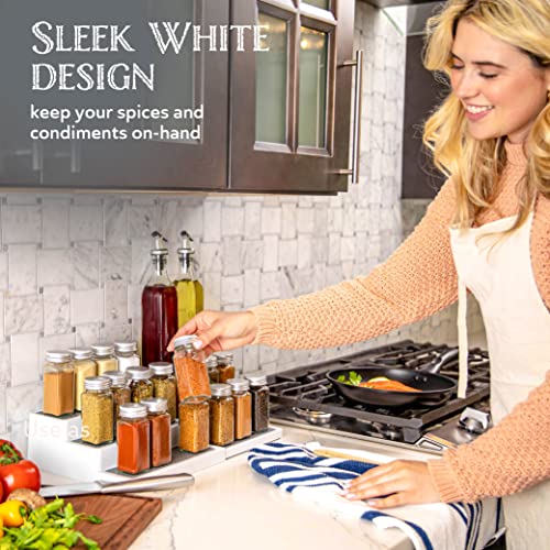 Oizeir Plastic 3-Tier Expandable Spice Rack, Adjustable Length, Stability with Non-Skid Shelf, For Easy Visibility, Organizer for Kitchen Cabinet, Pantry or Countertop, (2-Pack), White/Grey | Expandable Plastic Spice Rack Organizer, Adjustable Length 3 Ti