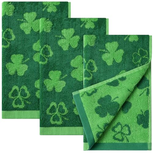 3pcs St.Patrick's Day Hand Towels Green Shamrock 100% Cotton 13.8x29.5 Inch | Jacquard Irish Clover Cotton Soft Bathroom Kitchen Decorative Towel Set for St. Patricks Day Holiday Decor Gift - color: Green, size: 3pcs