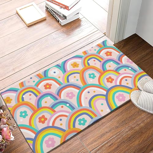 SPUNKER Boho Rainbow Groovy Flowers Door Mat, 17 x 30 Inch Welcome Doormat Decorative Home Floor Mat, Non Slip Strong Water Absorption for Indoor Outdoor Entrance Decor - color: Boho Rainbow Groovy Flowers