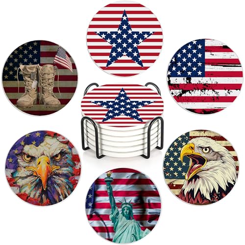 Drink Coasters Set of 6 with Holder, American Flag Eagle Absorbent Ceramic Drink Coaster for Tabletop Protection,Suitable for Kinds of Cups,Drinks Coasters for Home Office Decoration(4 Inches) - color: American Flag Eagle