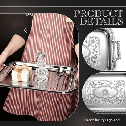 Rtteri Silver Serving Trays with Handles Rectangle Stainless Steel Metal Plate 16.1 x 11.4 Mirror Tray for Cake Cookies Snacks Desserts Fruit Ottoman Coffee Table Living Room Whiskey Table Decor