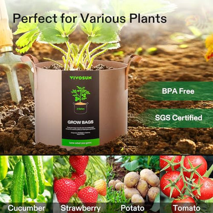 VIVOSUN 5-Pack 2 Gallon Plant Grow Bags Fabric Pots with Handles | 300G Thickened Nonwoven Fabric, Excellent Drainage, Healthy Root Growth, BPA-Free, Reusable - color: Tan, size: 2 Gallons