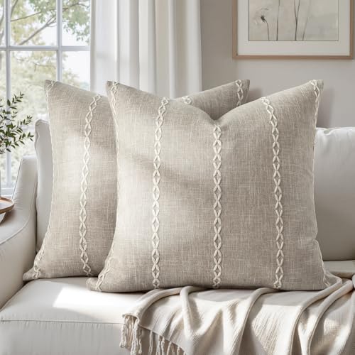HOMEIDEAS Decorative Striped Throw Pillow Covers 20x20 Set of 2 | Tan Farmhouse Cushion Embroidered Pattern,Soft Linen Feel Textured Neutral,Couch Sofa Bed Living Room,Farmhouse Fall Decor - color: Tan Stripe, size: 20" x 20" (Pack of 2)