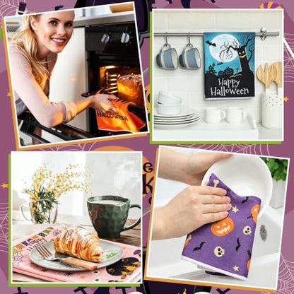 Fourluoo 8 Pcs Halloween Kitchen Towels, Halloween Decorative Hand Pumpkin Dish Towels Set Spooky Tea Cloths for Home Kitchen Bathroom Decor, 16 x 24 Inch - style: Pumpkin