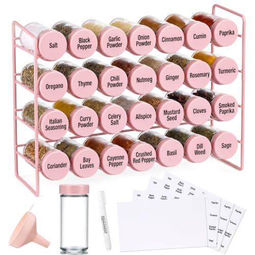FoldTier Spice Rack Organizer with 28 Spice Glass Jars, 56 Labels, Funnel and Marker Set, Complete Countertop Seasoning Rack Organization for Cabinet, Kitchen Storage, Pantry, Cupboard (Pink) - color: Pink