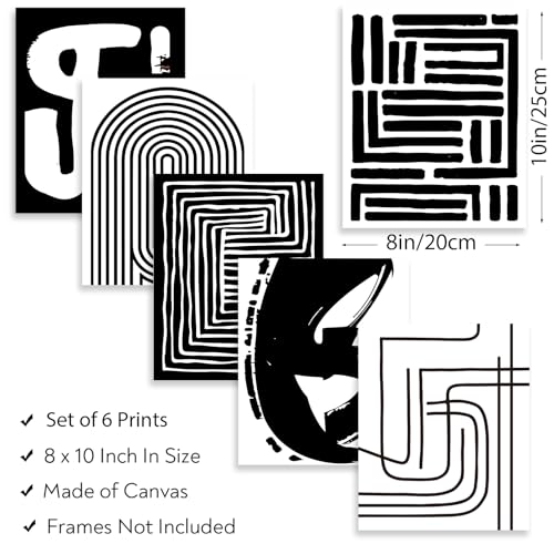 WEBEEDY 6 Pack Black and White Abstract Wall Art Minimalist Geometric Canvas Prints Wall Art Set Unframed Striped Pictures 8x10 Inch Modern Geometric Line Art Print for Office Boho Home Decor
