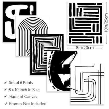WEBEEDY 6 Pack Black and White Abstract Wall Art Minimalist Geometric Canvas Prints Wall Art Set Unframed Striped Pictures 8x10 Inch Modern Geometric Line Art Print for Office Boho Home Decor
