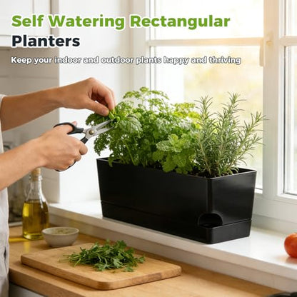 Self Watering Pots for Indoor Plants 17 Inches Window Boxes Planters Rectangular Flower Pots Rectangle Herb Pots Large Plant Pots with Drainage Holes and Saucers Windowsill Planter (2, Black) - color: Black