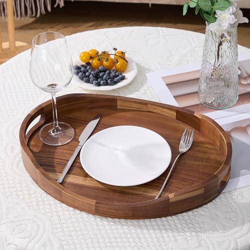 Acacia Wood Serving Tray with Handles - 17'' x 13'' Round, Decorative Ottoman Trays for Breakfast, Home Decor, Tea Party, Coffee Table, Candle Display, Kitchen Counter Board