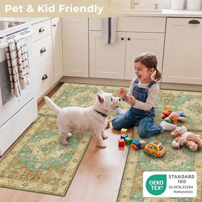 3 Piece Kitchen Rugs Sets with Runner, Washable Non Slip Soft Boho Kitchen Mats, Low Pile Stain Resistant Carpet for Hallway, Laundry Room, Entryway(20"x32"+20"x48"+20"x59", Brick Brown Green) - color: Brick Brown Green