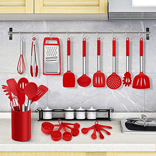 LIANYU 27 PCS Kitchen Utensils Set with Holder, Silicone Cooking Utensils Spatula Set with Stainless Steel Handle, Kitchen Cooking Gadgets Tools for Nonstick Cookware Set, Heat Resistant, Red - color: Red
