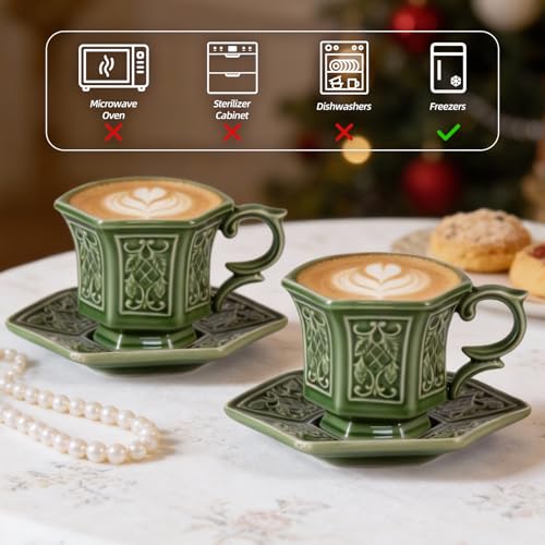 KAMMAK Tea Cups and Saucers Set of 2, 6 oz Porcelain Coffee Cups, SY004 | Stackable Espresso Mugs, Ceramic Demitasse for Coffee, Cappuccino, Latte, Americano, Tea - size: 8CZSY004