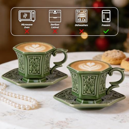KAMMAK Tea Cups and Saucers Set of 2, 6 oz Porcelain Coffee Cups, SY004 | Stackable Espresso Mugs, Ceramic Demitasse for Coffee, Cappuccino, Latte, Americano, Tea - size: 8CZSY004