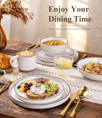 GBHOME Stoneware Dinnerware Set for 4, 12 piece Farmhouse Plates and Bowls | Elegant Embossed Ceramic Dish Set, Scratch Resistant, Microwave & Dishwasher Safe, Off white - color: Off white-Stackable