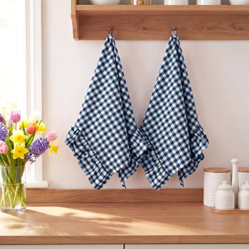 HunnmingRe Navy Blue Kitchen Towels Set of 2, 100% Cotton Ruffled Gingham Dish Towels 18"x28" Absorbent Tea Cloths Classic Plaid Pattern for Farmhouse Charm, Drying Dishes, Entertaining Guests - color: Navy Blue, style: Gingham