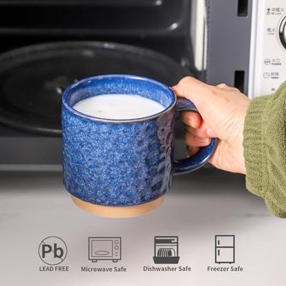 Nihow 16 OZ Ceramic Coffee Mug with Stackable Stand,Set of 4,Blue | Stainless Stand Included, Cappuccino & Tea, Hot/Cold Drinks, Dishwasher & Microwave Safe - color: Vivid Blue, size: 16 oz With Stand