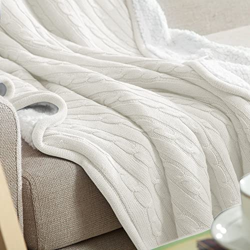 NTBAY Twin Cotton Cable Knit Sherpa Blanket, 60 x 80, White | Cotton Cable Knit Front with Warm Sherpa Reverse, 60 x 80 Inch Twin Blanket for Bed, Sofa, and Cold-Weather Layering - color: White