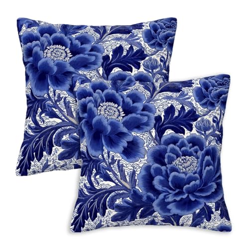 Blue Peony Throw Pillow Covers 18x18 Set of 2, Blue White Chinoiserie Floral Decorative Cushion Covers for Couch Sofa Bed Living Room, Cobalt Botanical Pillow Cases for Bedroom Home Decor - color: Blue Peony