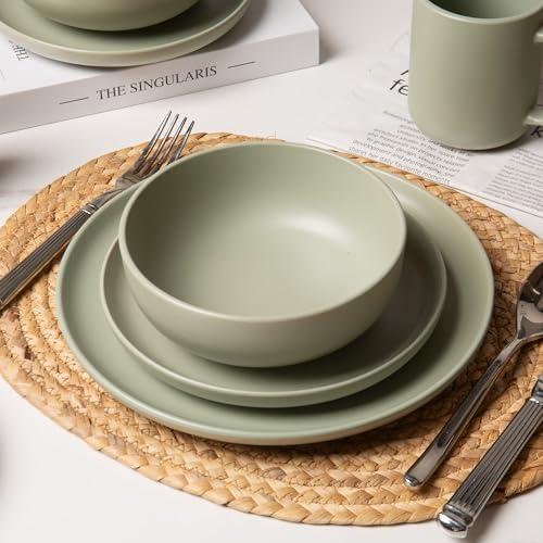12-Piece Stoneware Dinnerware Set with Mugs | Microwave and Dishwasher Friendly | Stackable Matte Glaze Plates & Bowls | Service for 3 (Green for 3) - color: Green for 3