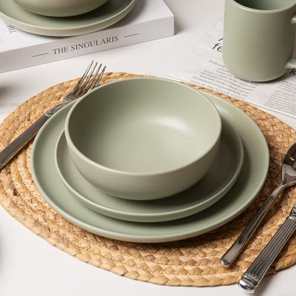 12-Piece Stoneware Dinnerware Set with Mugs | Microwave and Dishwasher Friendly | Stackable Matte Glaze Plates & Bowls | Service for 4 - color: Green for 4