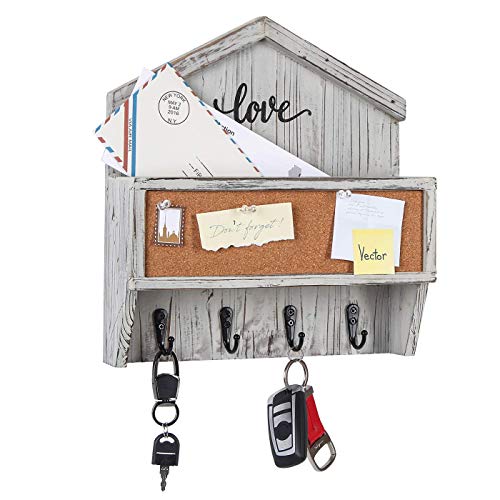 J JACKCUBE DESIGN Wall Mounted Rustic White Wash Mail and Key Holder, Wooden Floating Organizer with Mail Storage, 4 Key Holders and Pin Board for Entryway, Mud Room, Living Room, Office-MK623A