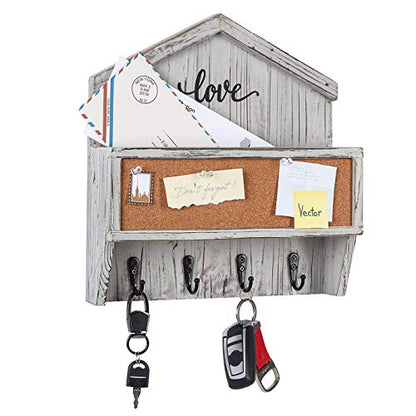 J JACKCUBE DESIGN Wall Mounted Rustic White Wash Mail and Key Holder, Wooden Floating Organizer with Mail Storage, 4 Key Holders and Pin Board for Entryway, Mud Room, Living Room, Office-MK623A