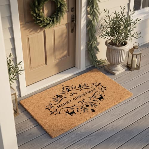 Merry Christmas Doormat | Natural Coconut Coir, Non-Slip | Outdoor Welcome Mat with Festive Holiday Design - color: Merry Christmas