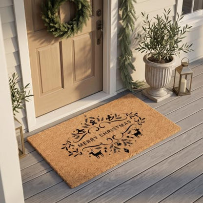 Merry Christmas Doormat | Natural Coconut Coir, Non-Slip | Outdoor Welcome Mat with Festive Holiday Design - color: Merry Christmas