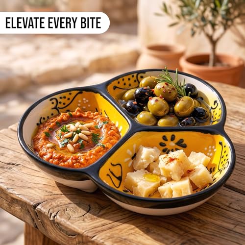 3-Compartment Ceramic Serving Dish, Handmade in Spain | 7.5” divided chip and dip bowl with lead-free glaze, microwave, oven and dishwasher safe, ideal for tapas, snacks and sauces - color: Onyx Yellow