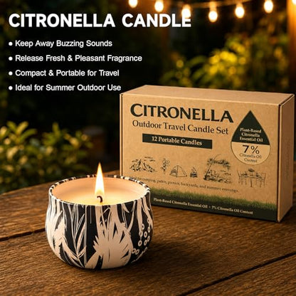 Citronella Candles Outdoor, 12 Pack Soy Wax Candle Set | 300-Hour Total Burn, Backyard Garden Patio Use, Camping Companion, Fresh Citronella Scent, Outdoor Ambience, Summer Evening - color: Citronella Candle - 12 Pack