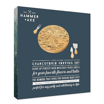 Hammer + Axe Charcuterie Board Set, Round Lazy Susan Bamboo Tray with 3 Cheese Cutter Accessories, Wooden Meat & Cheese Board, Housewarming Gift