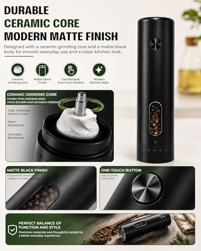 COOLMI Electric Salt and Pepper Grinder Set with Charging Base, 110ml | Rechargeable 2-Pack With 6 Grind Settings, LED Light, Ceramic Grinding Cores, 110ml Top-Fill Chambers, And One-Hand Operation