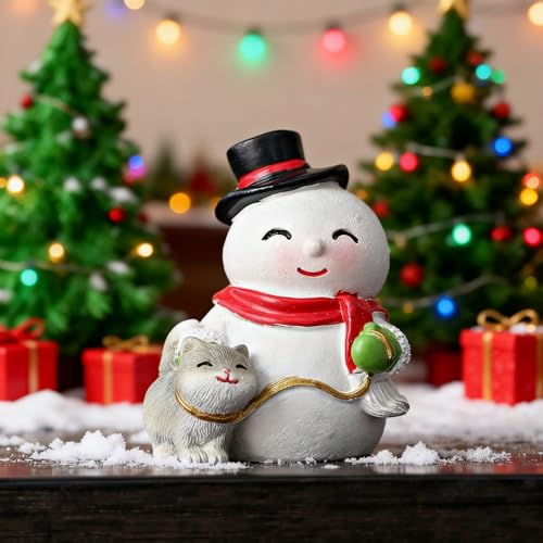 Christmas Statue Decorative Xmas Cute Snowman Figurine Holiday Present Atificial Stone Cartoon Snowman Figurine Christmas Desktop Ornaments for Home Desk Dining Table Bookshelf Display Decorations - color: Snowman Walking a Cat