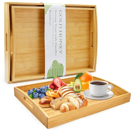 Bamboo Serving Tray with Handles, Wooden Serving Tray Set of 2 | Decorative Serving Trays with Handles for Living Room, Bathroom, Bedroom, Kitchen, Outdoor and Storing - 17x13in, 16x12in - color: 2pcs Bamboo Color