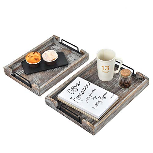 Country Rustic Torched Wood Nesting Breakfast Serving Trays with Handles, Set of 3 (Torched Wood) - color: Torched Wood