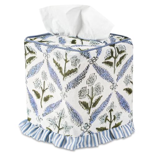 Blue Striped Ruffles Fabric Tissue Box Cover - Floral Print Tissue Box & Decorative Square Napkin Holder Handmade Cotton for Home Bedroom Vanity Countertop Night Stands Office - style: Striped Ruffles