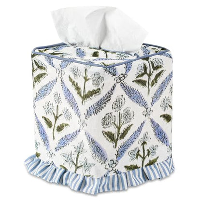 Blue Striped Ruffles Fabric Tissue Box Cover - Floral Print Tissue Box & Decorative Square Napkin Holder Handmade Cotton for Home Bedroom Vanity Countertop Night Stands Office - style: Striped Ruffles