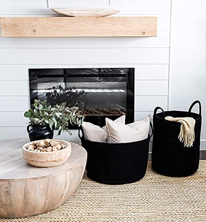 OrganiHaus Round Toy Basket & Blanket Basket, Cotton Rope 20x13" | Full Black - Round Cotton Rope Basket, 20x13" - color: Full Black, size: Wide