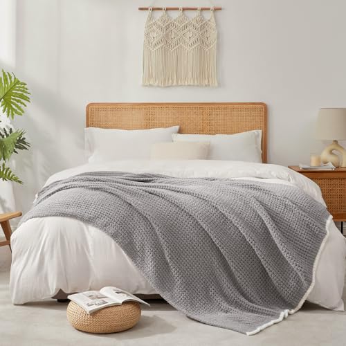 Snuggle Sac Grey Waffle Throw Blanket for Couch Bed Sofa 60x80 inches, Reversible Grey Blanket Microfiber Fluffy Fuzzy Cozy Knit Twin Blanket for Women Mothers Birthday Gifts - color: Waffle Medium Grey, size: Twin(60"x80")