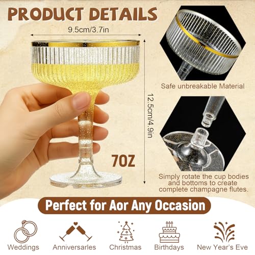 Set of 55 Champagne Tower 7 oz Plastic Champagne Coupe Glasses Set Stackable Plastic Ribbed Martini Glasses Unbreakable Acrylic Cocktail Coupe Cups for Wedding Birthday (Glitter,Gold) - color: Gold, size: Glitter