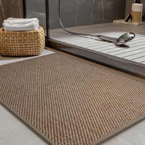 PADOOR Non-Slip Bath-Mats, Rubber-Backing Braided Absorbent Bathroom Mat Machine Washable Thin Bathroom Rugs Fit Under Door Quick Dry Bath Rugs for Floor, 17''x24'' Brown - color: Brown, size: 17''x24'' Rectangular