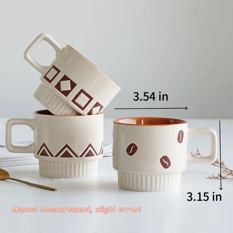 Coffee Mugs Set, Ceramic Espresso Cups, 11 oz, Set of 4, Beige&Brown | for Au Lait, Cappuccino,Latte,Cafe,Mocha,Tea, Geometric Pattern Cups Suit For Housewarming Wedding- - color: Beige