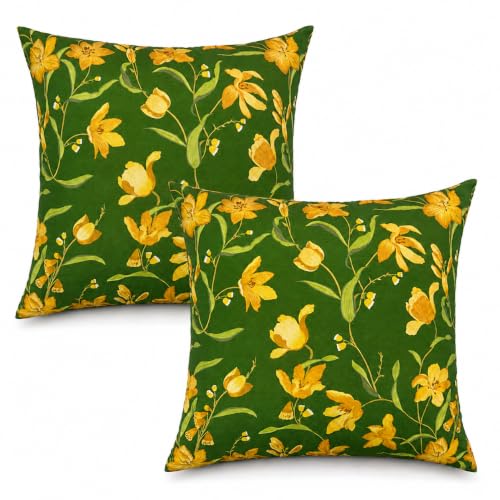 Outdoor Throw Pillows 18×18 Inch | Pack of 2 Waterproof Decorative Throw Pillows with Inserts, Square Pillows for Bed, Couch, Sofa and Patio Furniture - color: Dark-green Lily