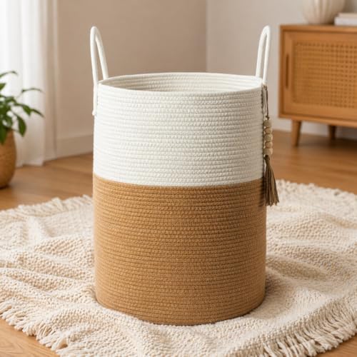 Blanket Basket 58L, Woven Laundry Hamper Tall Laundry Basket with Boho Wooden Tassels, Large Cotton Rope Storage Basket for Blankets Pillows Toys, Living Room Nursery Bedroom Decor - color: White, size: 58L