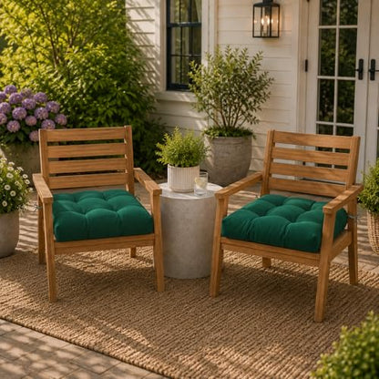 Magpie Fabrics Outdoor Tufted Seat Cushion 19"x19" Set of 2 (Dark Green) | Waterproof Patio Chair Pads with ties Tatami Floor Pillow for Room Garden Balcony Office - color: Dark Green