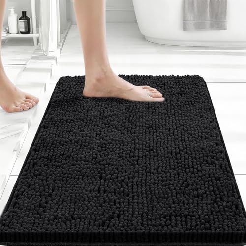 Bcoimo Small Bath Rug Mat,24x17 Chenille Non Slip Black Bathroom Floor Mats | Extra Soft Bathroom Rugs;Non Slip with Rubber Backing Bath Mat;High Absorbent And Quick Dry Microfiber mat; Machine Washable - color: Black, size: 24x17