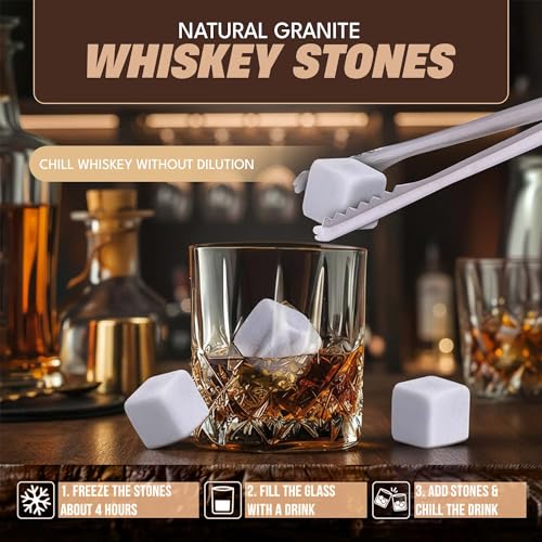 Whiskey Stones Gift Set with 10oz Lead-Free Crystal Whiskey Glass, Reusable Chilling Stones, Velvet Bag & Stainless Steel Tongs – Luxury Wooden Box Gift for Men